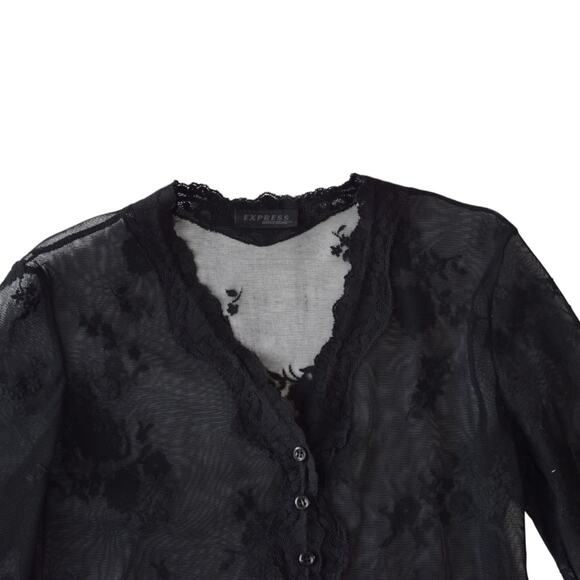 Vintage Y2K Express Sheer Black Mesh Button Up Lace Top Medium - Picture 2 of 5